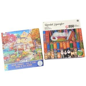 Puzzle Lot Bundle of 2 COMPLETE 750 550 Autumn Townhouse Cat Library Bookshelf